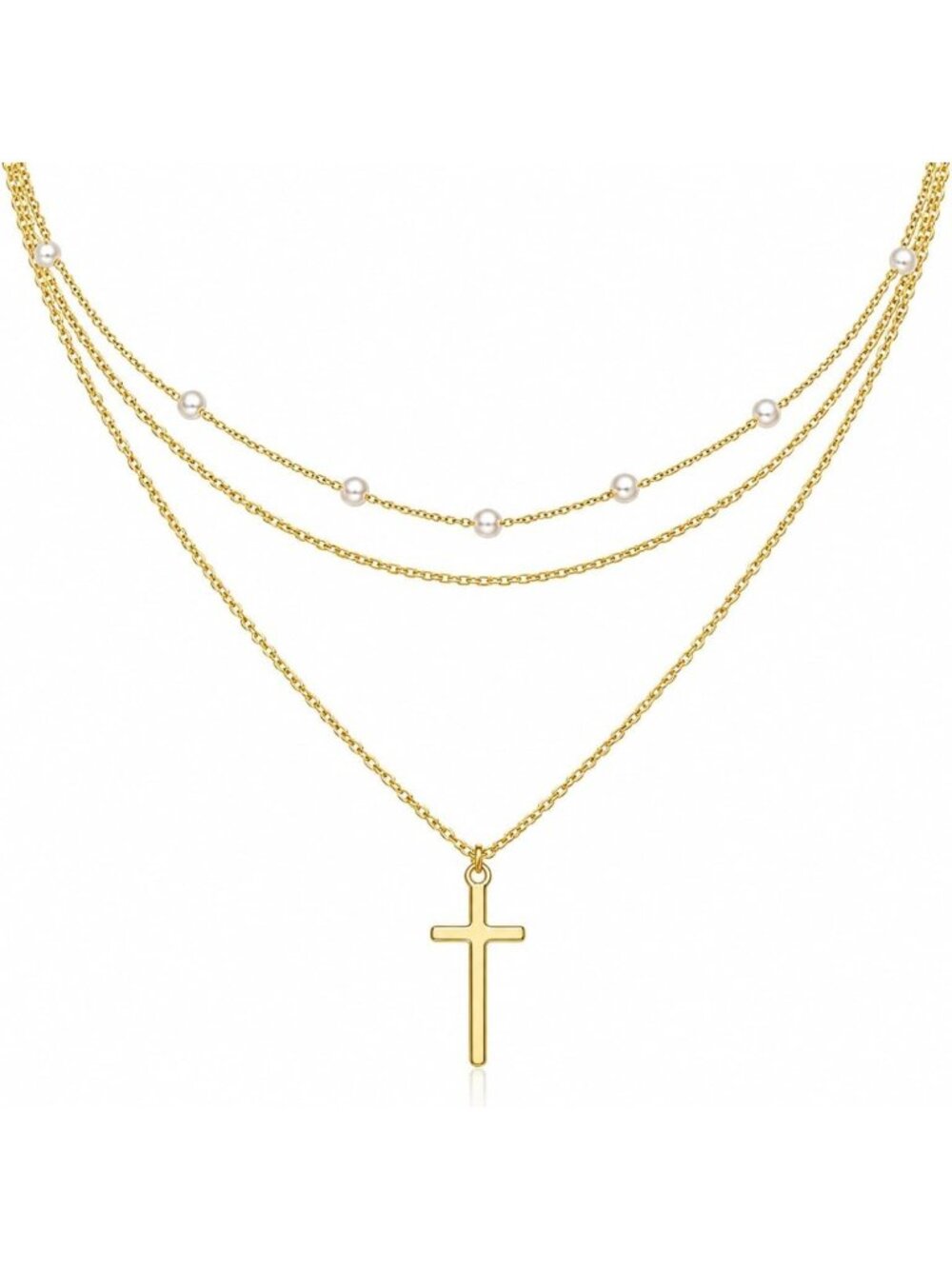 Layered 14K Gold Cross Pendant Necklace for Women - Elegant Chain Jewelry